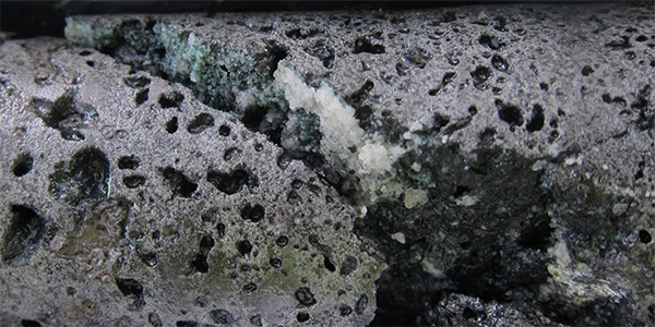 Calcite crystals in a basalt core.